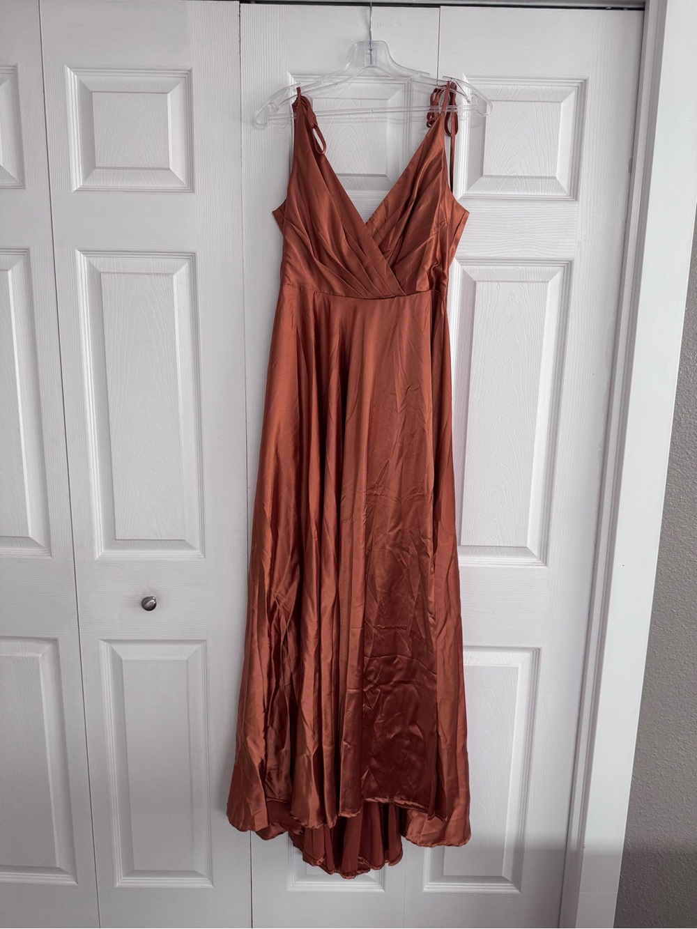 Elegant Rust Satin V-Neck Maxi Dress